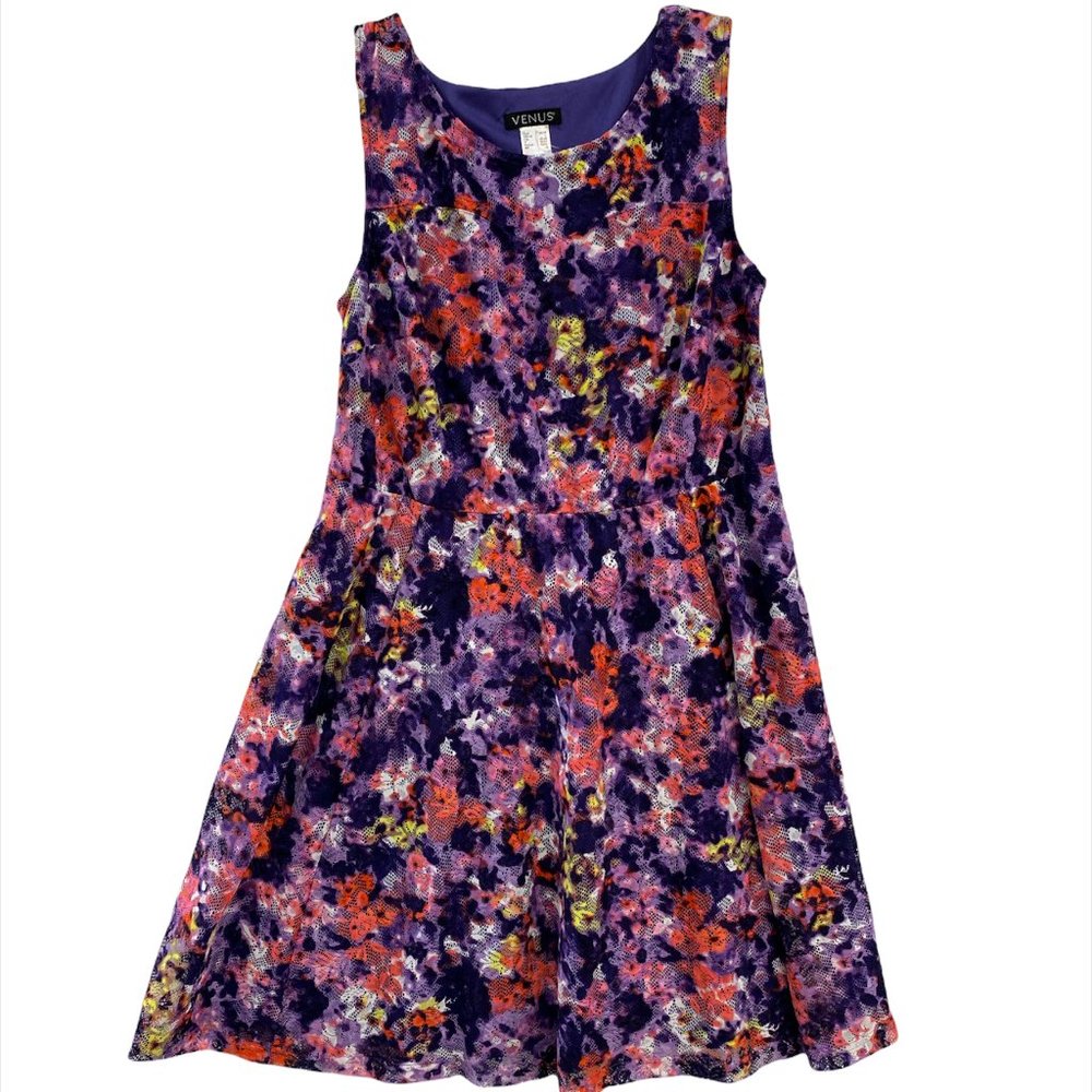 VENUS Floral Lace Dress Woman's Large Elastic Waist Knee Length Sleeveless New